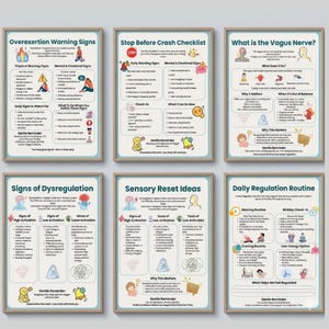 May include: Six framed educational posters with beige borders. The posters have text and illustrations about overexertion, crash checklists, the vagus nerve, dysregulation, sensory reset ideas, and daily regulation routines. The posters are designed to help with self-regulation.
