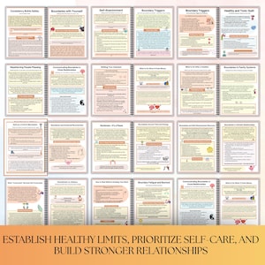 May include: A collection of informational cards with titles like "Consistency Builds Safety" and "Boundaries with Yourself." The cards feature text and illustrations, with a banner at the bottom reading "ESTABLISH HEALTHY LIMITS, PRIORITIZE SELF-CARE, AND BUILD STRONGER RELATIONSHIPS."