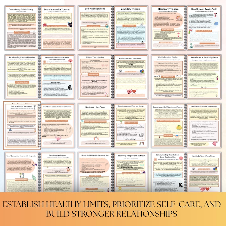 May include: A collection of informational cards with titles like "Consistency Builds Safety" and "Boundaries with Yourself." The cards feature text and illustrations, with a banner at the bottom reading "ESTABLISH HEALTHY LIMITS, PRIORITIZE SELF-CARE, AND BUILD STRONGER RELATIONSHIPS."