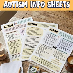 May include: A collection of printed autism info sheets with the title "AUTISM INFO SHEETS" in large blue letters. The sheets contain text and graphics about autism, including topics like sensory experiences and social camouflaging. A small "fidget box" is visible.