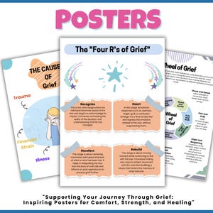 May include: Four colourful posters with the title "The Four R's of Grief" and a wheel of grief with different stages of grief. The posters are designed to help people cope with grief and loss. The posters are part of a series called "Supporting Your Journey Through Grief: Inspiring Posters for Comfort, Strength, and Healing."