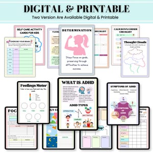 Pu&ograve; includere: Una raccolta di risorse educative digitali e stampabili. Include schede per attivit&agrave; di cura di s&eacute;, un misuratore di sentimenti e guide sull'ADHD, con testo come "Determinazione" e "Sintomi dell'ADHD".