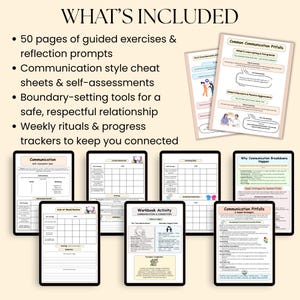May include: An image showcasing a digital workbook with the text "WHAT'S INCLUDED" at the top. The workbook includes 50 pages of exercises, cheat sheets, boundary-setting tools, and weekly trackers. Several digital pages are displayed.