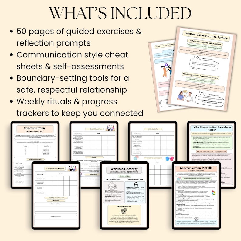 May include: An image showcasing a digital workbook with the text "WHAT'S INCLUDED" at the top. The workbook includes 50 pages of exercises, cheat sheets, boundary-setting tools, and weekly trackers. Several digital pages are displayed.