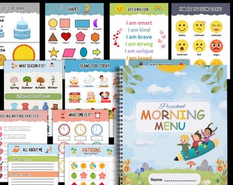 May include: A colorful printable preschool morning menu with activities for children. The cover features two children riding a giant pencil. The pages include activities such as decorating a cake, identifying shapes, practicing writing, telling time, and identifying patterns.