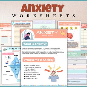 May include: A set of printable worksheets designed to help manage anxiety. The worksheets feature colorful illustrations and text, including "What is Anxiety?" and "Symptoms of Anxiety".