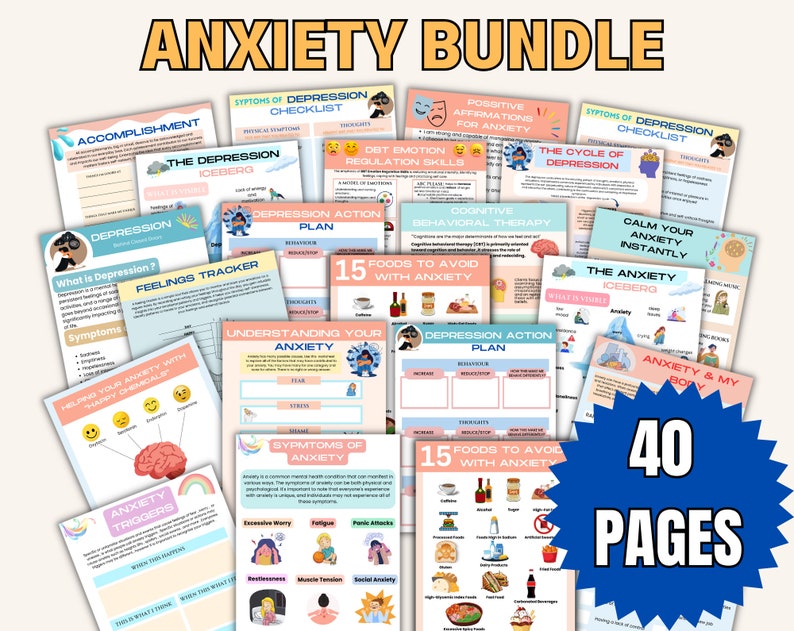 May include: A collection of 40 pages of printable worksheets and guides, titled "ANXIETY BUNDLE." The pages feature colorful illustrations and text on topics like depression, anxiety triggers, and coping strategies. The bundle includes checklists, action plans, and educational materials.