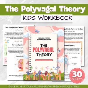 Puede incluir: Un cuaderno de trabajo rosa y verde titulado "The Polyvagal Theory Kids Workbook" con ilustraciones de mariposas y manos. La portada presenta el texto "Nervous System Regulation for Kids" y "Learn About Your Brain and Feelings". El cuaderno tiene 30 hojas.