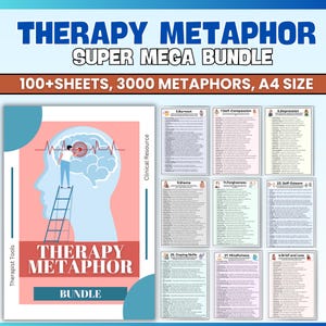 Könnte beinhalten: Ein Bündel an Therapiematerialien mit dem Text "THERAPY METAPHOR SUPER MEGA BUNDLE". Das Bild zeigt eine Grafik einer Person auf einer Leiter, die auf ein Gehirn zielt, sowie mehrere Textseiten. Das Bundle enthält über 100 Blätter und 3000 Metaphern, A4-Format.