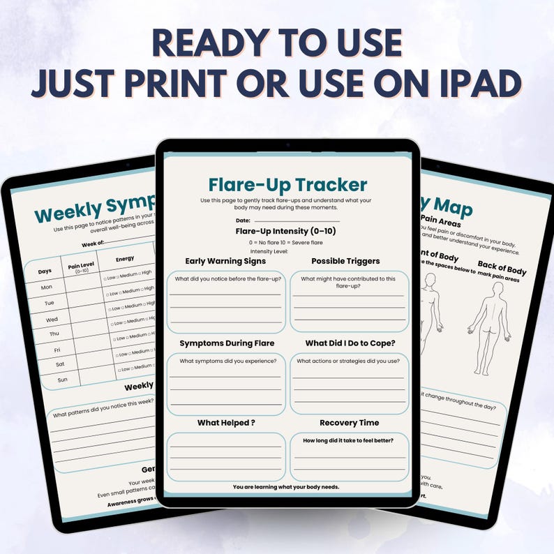 May include: Three digital tablets displaying health tracking templates. The tablets show a weekly symptom tracker, a flare-up tracker, and a body pain map. The text on the top reads "READY TO USE JUST PRINT OR USE ON IPAD".