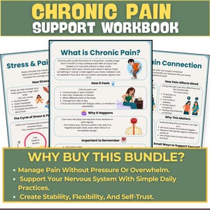 May include: A workbook titled "Chronic Pain Support Workbook" with detailed information on chronic pain, stress, and pain connection. The workbook includes diagrams and text explaining pain management and support practices.