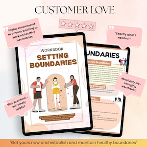 May include: Two digital workbooks titled "Setting Boundaries" with customer testimonials. The workbooks feature illustrations of people and text about setting healthy limits. The image includes the text "Get yours now and establish and maintain healthy boundaries."