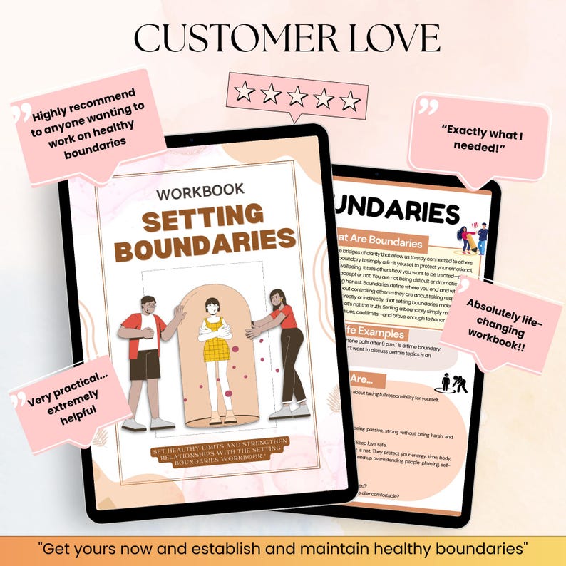 May include: Two digital workbooks titled "Setting Boundaries" with customer testimonials. The workbooks feature illustrations of people and text about setting healthy limits. The image includes the text "Get yours now and establish and maintain healthy boundaries."