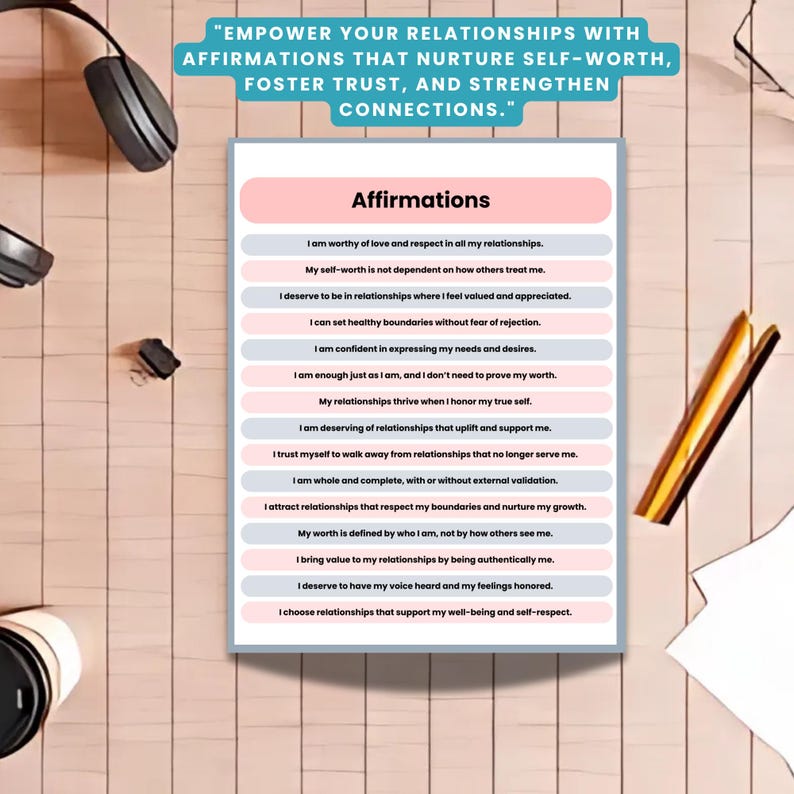 May include: A pink and gray printable affirmation sheet with the title "Affirmations" and a list of positive affirmations for relationships. The affirmations include phrases like "I am worthy of love and respect in all my relationships" and "I choose relationships that support my well-being and self-respect."