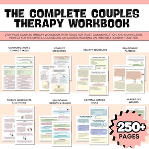 Puede incluir: Un cuaderno de trabajo de terapia de pareja titulado "The Complete Couples Therapy Workbook" con el texto "270+ p&aacute;ginas" y "250+ p&aacute;ginas". El cuaderno incluye secciones sobre comunicaci&oacute;n, resoluci&oacute;n de conflictos y patrones de relaci&oacute;n. Para terapeutas y parejas.