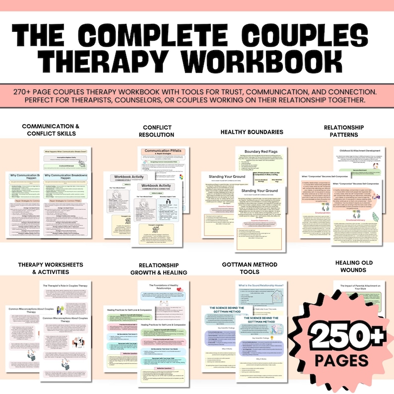 Puede incluir: Un cuaderno de trabajo de terapia de pareja titulado "The Complete Couples Therapy Workbook" con el texto "270+ p&aacute;ginas" y "250+ p&aacute;ginas". El cuaderno incluye secciones sobre comunicaci&oacute;n, resoluci&oacute;n de conflictos y patrones de relaci&oacute;n. Para terapeutas y parejas.