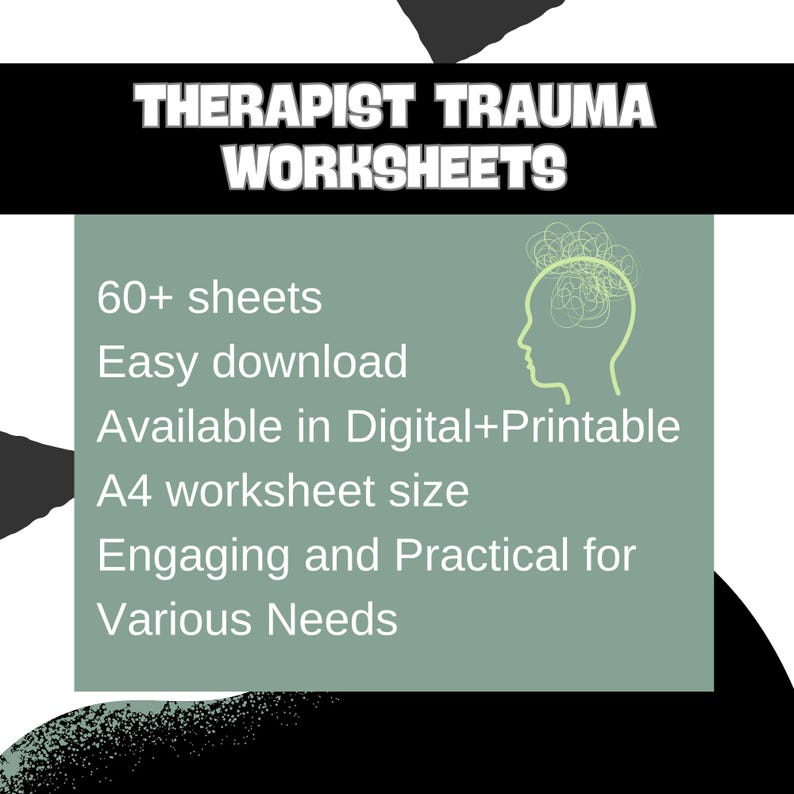 K&ouml;nnte beinhalten: Eine gr&uuml;ne und wei&szlig;e Grafik mit dem Text "Therapist Trauma Worksheets" in Schwarz. Die Grafik enth&auml;lt auch den Text "60+ Bl&auml;tter", "Einfacher Download", "Verf&uuml;gbar in digital + druckbar", "A4-Arbeitsblattgr&ouml;&szlig;e", "Engagierend und praktisch f&uuml;r" und "Verschiedene Bed&uuml;rfnisse". Ein stilisiertes Bild eines Kopfes mit Wirbeln im Inneren ist ebenfalls enthalten.