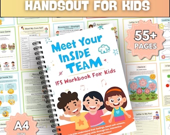 May include: A spiral-bound workbook titled "Meet Your Inside Team" for kids, featuring illustrations of three children. The cover has the text "IFS Workbook For Kids" and "55+ Pages". Additional worksheets and the text "A4 Size" are also visible.