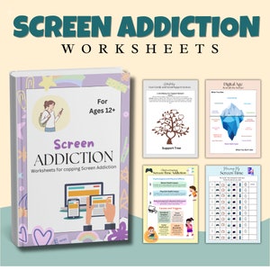 May include: A set of four colorful worksheets for ages 12 and up, designed to help teens cope with screen addiction. The worksheets include a support tree, a digital age diagram, a screen time addiction chart, and a screen time tracker.