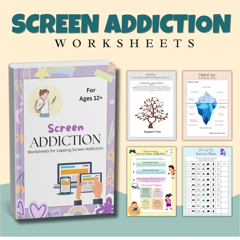 May include: A set of four colorful worksheets for ages 12 and up, designed to help teens cope with screen addiction. The worksheets include a support tree, a digital age diagram, a screen time addiction chart, and a screen time tracker.