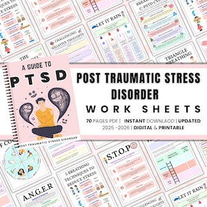 Puede incluir: Conjunto de hojas de trabajo digitales para el trastorno de estrés postraumático (TEPT). La imagen incluye un libro encuadernado en espiral titulado "A Guide to PTSD" y varias hojas informativas con texto y gráficos. Las hojas de trabajo están diseñadas para ayudar a controlar el estrés.