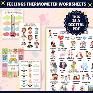 May include: A set of printable worksheets for children to help them identify and manage their feelings. The worksheets feature colorful illustrations of children expressing different emotions, along with coping strategies and grounding techniques. The title of the worksheets is "Feelings Thermometer Worksheets".