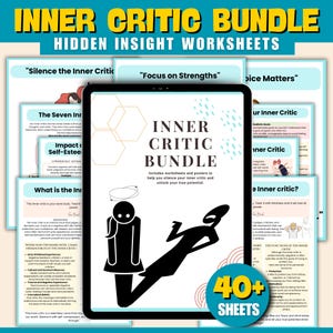 May include: A digital download bundle of worksheets and posters to help silence your inner critic and unlock your true potential. The bundle includes 40+ sheets with colorful illustrations and text. The cover features a black silhouette of a person with a shadow that is larger than them, symbolizing the inner critic.