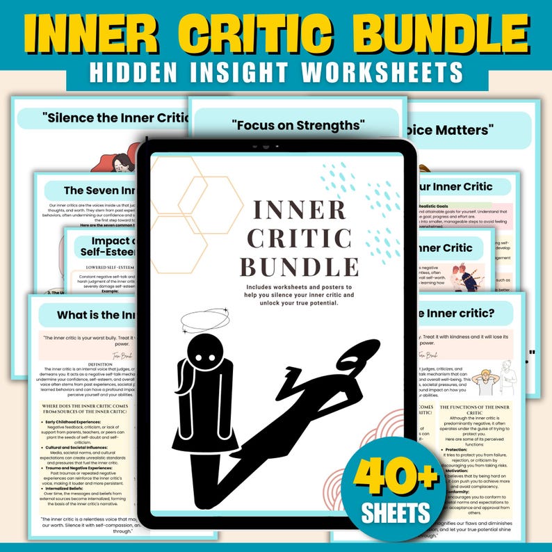May include: A digital download bundle of worksheets and posters to help silence your inner critic and unlock your true potential. The bundle includes 40+ sheets with colorful illustrations and text. The cover features a black silhouette of a person with a shadow that is larger than them, symbolizing the inner critic.