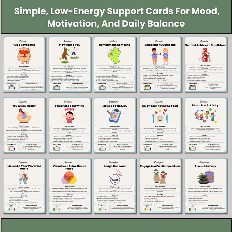 May include: A collection of illustrated cards with titles like "Hug a Loved One" and "Celebrate Your Wins!" The cards are designed to support mood, motivation, and daily balance. The text "Simple, Low-Energy Support Cards For Mood, Motivation, And Daily Balance" is at the top.