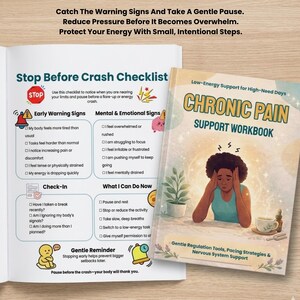 May include: A workbook titled "Chronic Pain Support Workbook" with an illustration of a person with their head in their hands. The workbook is open next to a checklist titled "Stop Before Crash Checklist". The checklist includes early warning signs and mental and emotional signs.