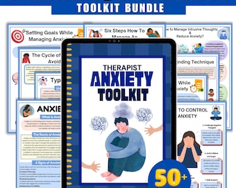 May include: A digital toolkit for therapists to help clients manage anxiety. The toolkit includes over 50 printable worksheets with illustrations and text. The cover features a cartoon illustration of a person with tangled thoughts.