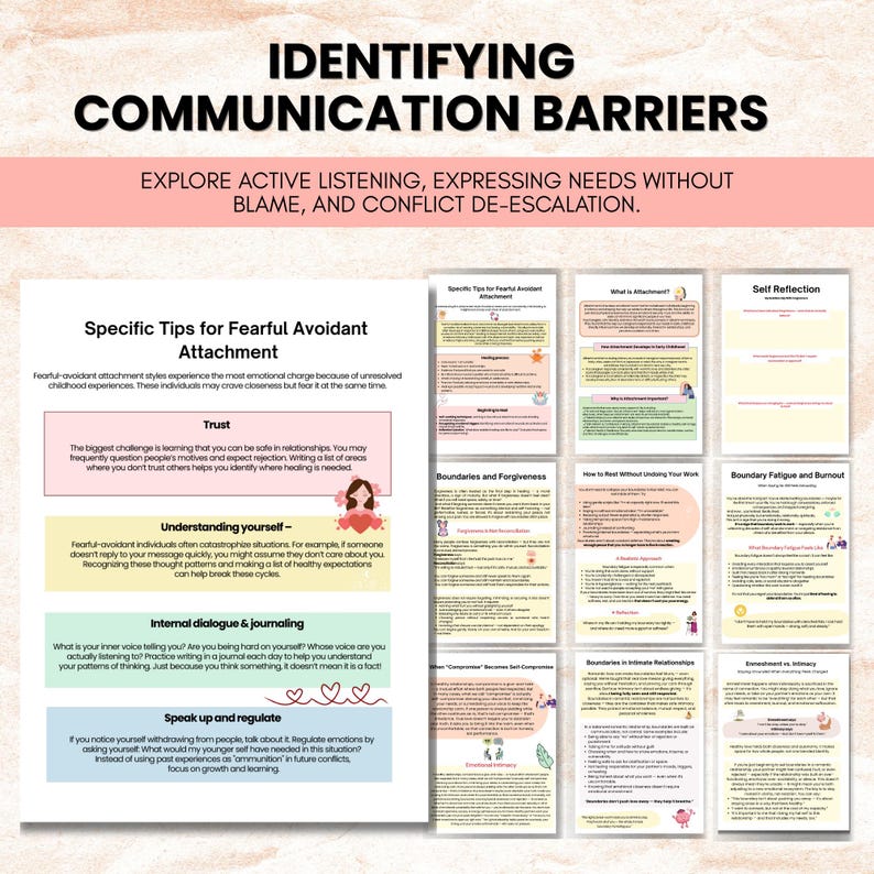 Puede incluir: Un gr&aacute;fico educativo titulado "Identificaci&oacute;n de barreras de comunicaci&oacute;n", centrado en la escucha activa y la resoluci&oacute;n de conflictos. Presenta cuadros de texto con consejos sobre apego evitativo ansioso, confianza y autorreflexi&oacute;n, con una paleta de colores rosa y blanco.