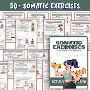 Op de afbeelding: Een verzameling somatische oefengidsen met illustraties. De hoofdafbeelding toont een vrouw die dumbbells optilt, met de tekst "SOMATIC EXERCISES" en "STAY ACTIVE". De gidsen behandelen verschillende bewegingen voor zenuwstelselregulatie.