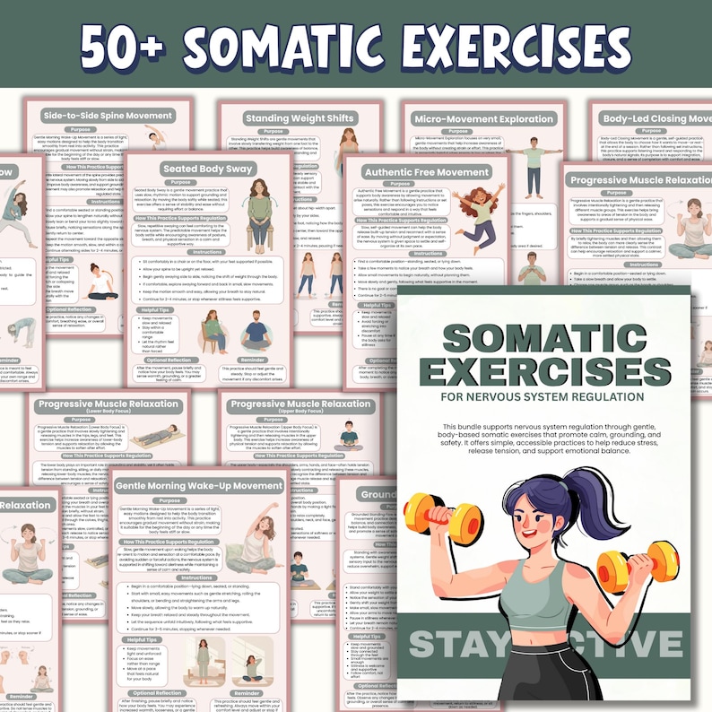 Op de afbeelding: Een verzameling somatische oefengidsen met illustraties. De hoofdafbeelding toont een vrouw die dumbbells optilt, met de tekst "SOMATIC EXERCISES" en "STAY ACTIVE". De gidsen behandelen verschillende bewegingen voor zenuwstelselregulatie.