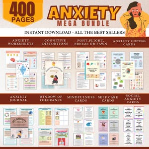 May include: A digital download bundle of 400 pages of printable worksheets, journals, and cards to help manage anxiety. The bundle includes worksheets for anxiety, cognitive distortions, and fight, flight, freeze, or fawn responses. There are also coping cards, a journal, mindfulness cards, self-care cards, and social anxiety cards.