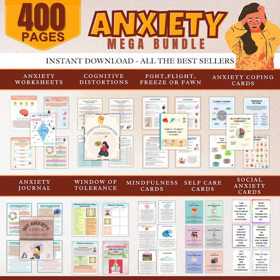 Anxiety Mega Bundle 400+ pages | Anxiety Worksheets | Therapy Tools | Mental Health Journal | Therapy Office Decor | Social Psychology