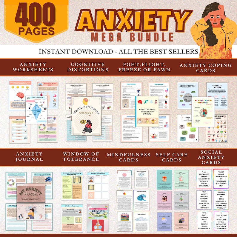 May include: A digital download bundle of 400 pages of printable worksheets, journals, and cards to help manage anxiety. The bundle includes worksheets for anxiety, cognitive distortions, and fight, flight, freeze, or fawn responses. There are also coping cards, a journal, mindfulness cards, self-care cards, and social anxiety cards.
