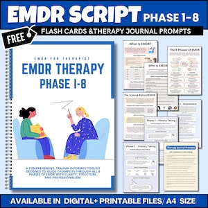 Può includere: Un quaderno a spirale intitolato "EMDR Therapy Phase 1-8" con flashcard e suggerimenti per il diario. La copertina presenta illustrazioni di due persone su sedie. Il testo include "EMDR Script" e "Free". Pagine aggiuntive dettagliano le fasi e i concetti dell'EMDR.