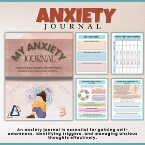 May include: A printable anxiety journal with a pink and white cover featuring the text "My Anxiety Journal" and the quote "Capture your thoughts and feelings to reclaim your peace from anxiety."