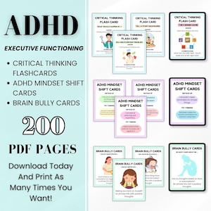 Pu&ograve; includere: Una raccolta di flashcard educative per l'ADHD, tra cui Critical Thinking, ADHD Mindset Shift e Brain Bully Cards. Le carte sono progettate per la funzione esecutiva e includono 200 pagine PDF. Il testo sulle carte include "Scarica oggi e stampa tutte le volte che vuoi!"