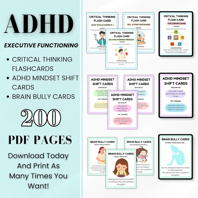 Pu&ograve; includere: Una raccolta di flashcard educative per l'ADHD, tra cui Critical Thinking, ADHD Mindset Shift e Brain Bully Cards. Le carte sono progettate per la funzione esecutiva e includono 200 pagine PDF. Il testo sulle carte include "Scarica oggi e stampa tutte le volte che vuoi!"