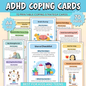 Puede incluir: Tarjetas de afrontamiento del TDAH con 70 tarjetas de estrategia de afrontamiento imprimibles. Las tarjetas incluyen estrategias como el uso de una lista de verificación, descarga cerebral y recompensa después del tiempo de enfoque. Las tarjetas son de tamaño A4 y son mejores para niños y adolescentes.