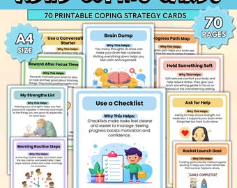 ADHD Coping Cards for Kids And Teens | SEL & Executive Function Skills | School Counseling Resources | 70 Pages | Instant Download