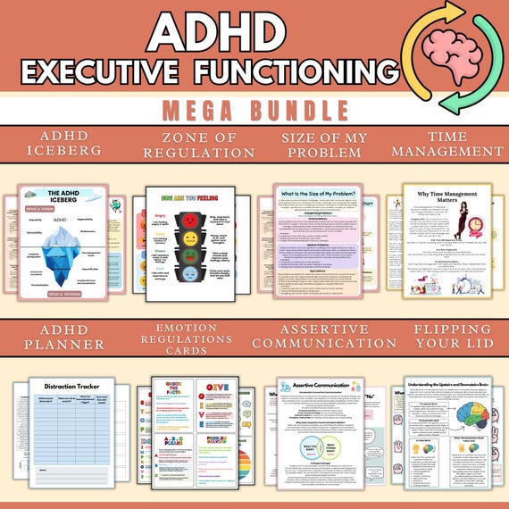 280+ ADHD Executive functioning Worksheets, ADHD Worksheets, Executive Function Bundle, Digital PDF Download, School Counseling, Anxiety