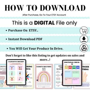 Pu&ograve; includere: Istruzioni per il download digitale con testo: "HOW TO DOWNLOAD" e "This is a DIGITAL File only". Include i passaggi: Acquista su Etsy, Download istantaneo PDF e Riceverai il tuo prodotto in Drive. Mostra anche esempi di liste di controllo.