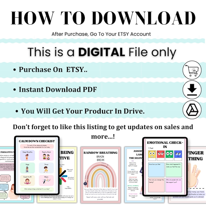 Pu&ograve; includere: Istruzioni per il download digitale con testo: "HOW TO DOWNLOAD" e "This is a DIGITAL File only". Include i passaggi: Acquista su Etsy, Download istantaneo PDF e Riceverai il tuo prodotto in Drive. Mostra anche esempi di liste di controllo.