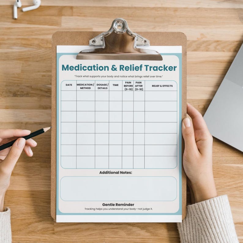 May include: A clipboard with a medication and relief tracker. The tracker has sections for date, medication, dosage, time, pain levels, and effects. The text reads "Medication & Relief Tracker". A pencil is held near the clipboard.