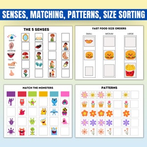 May include: A printable worksheet with five different activities for kids. The activities include matching the five senses, matching monsters, sorting fast food by size, and completing patterns.