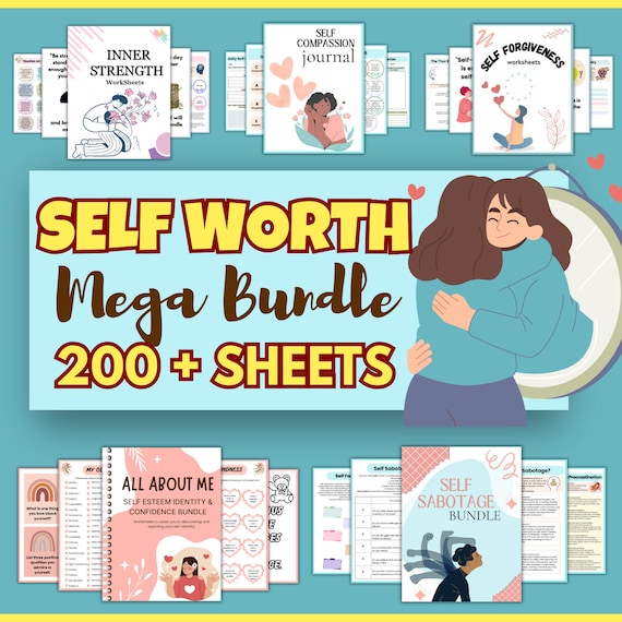 Self Worth Mega Bundle 200+ Sheets | Self Workbook | US Letter | Self Esteem Kit | Instant Download | Teen Therapy | Confidence Worksheets