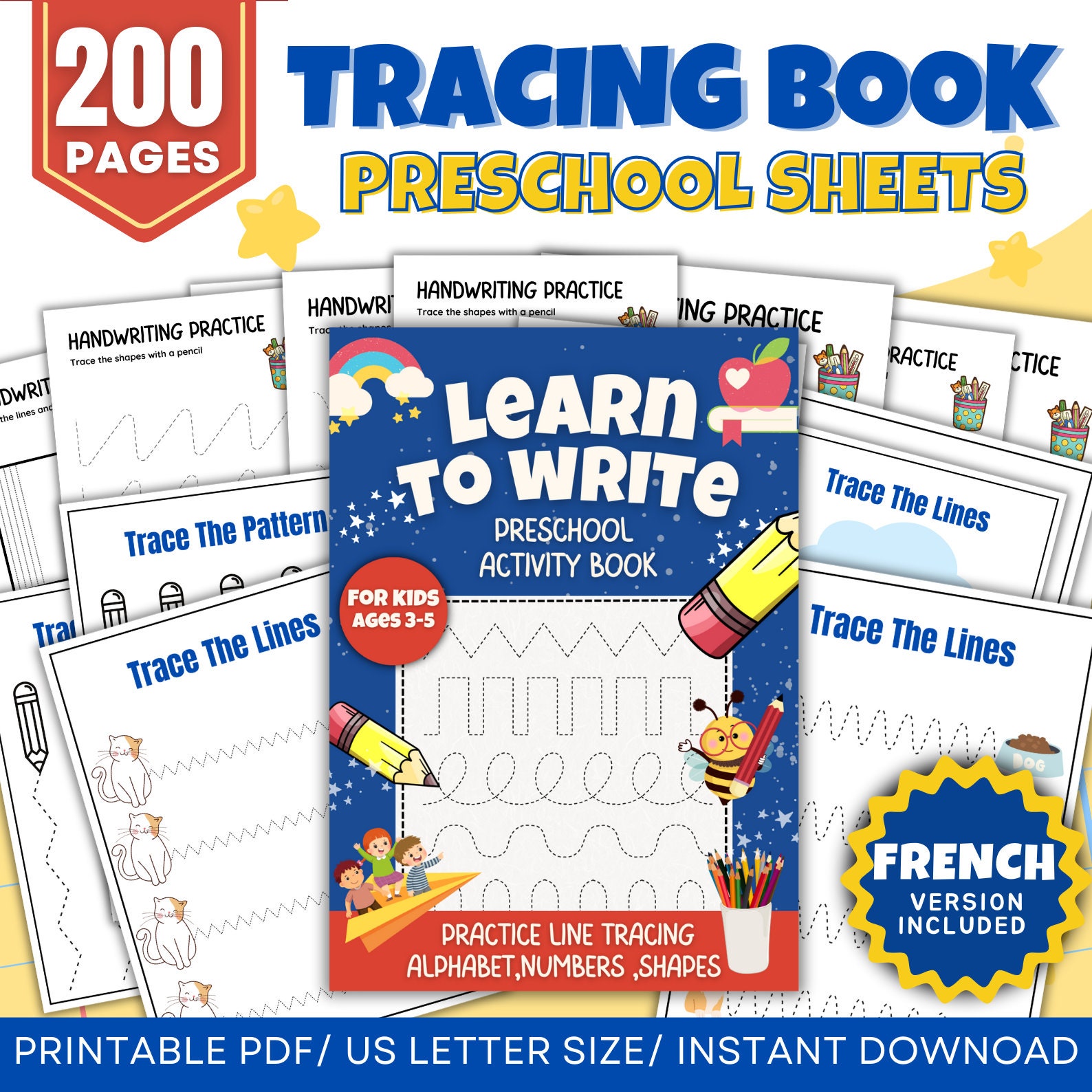 Tracing Book French Version 200Pages | Homeschool Busy Book | Preschool Worksheets | Tracing Sheets | Pre Handwriting | Learning Book